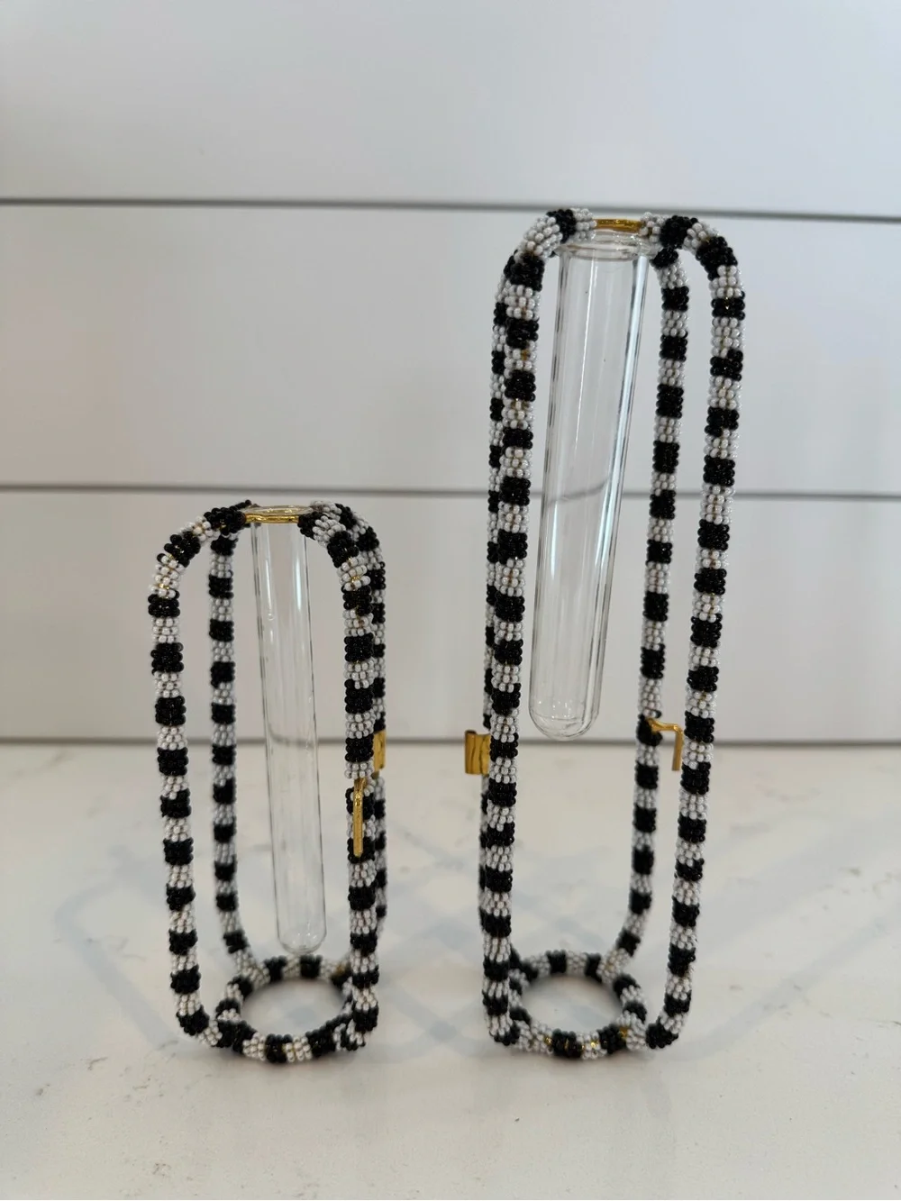 MacKenzie-Childs Black & White Beaded Bud Vase Holders – Set of 2